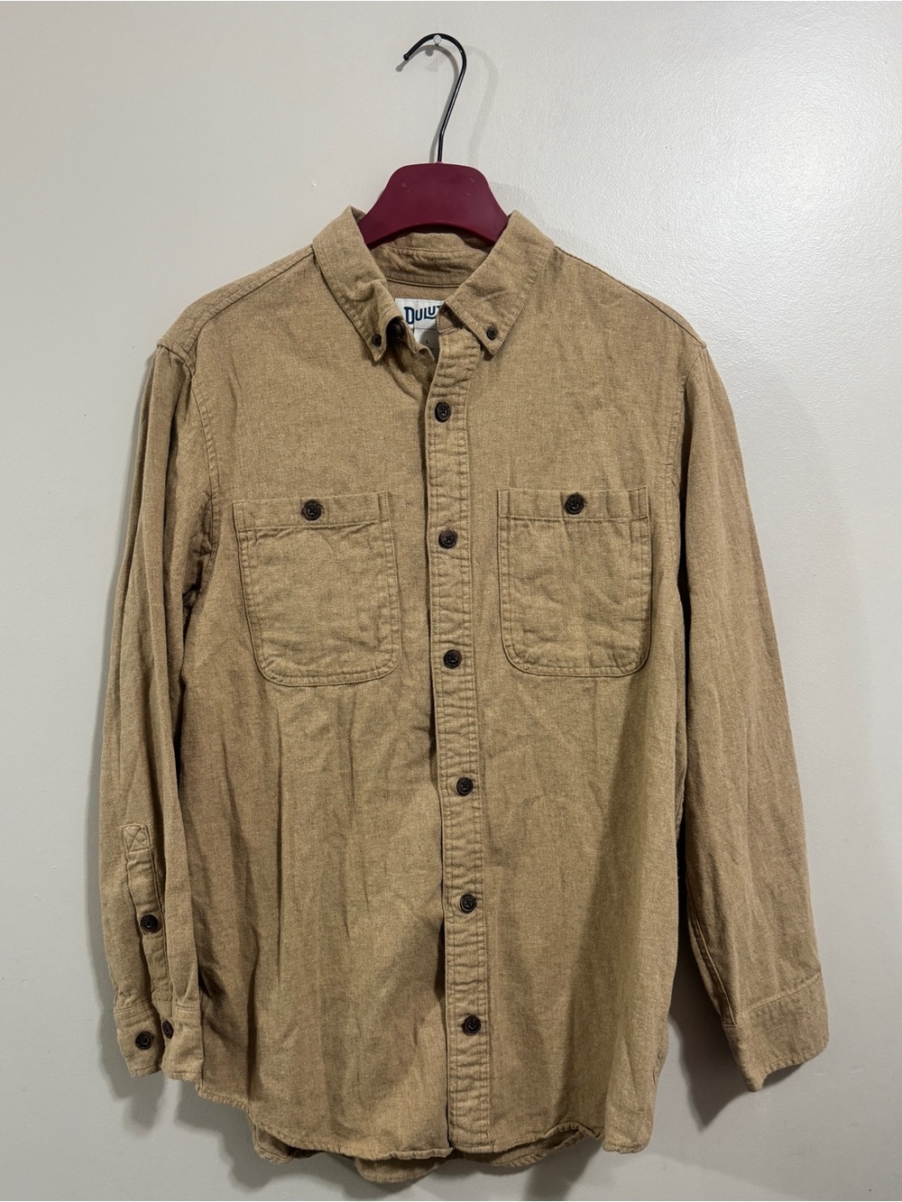 Duluth Trading Co Men’s L Slim Fit Tan Utility Workwear Shirt 100% Cotton